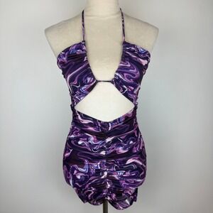 Blanc Clothing Purple Marble Swirl Mesh Ruched Cutout Halter Mini Dress Sz Small